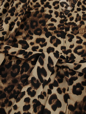 Leopard Cardigan And Wide Leg Pants Set in Leopard with pocketed