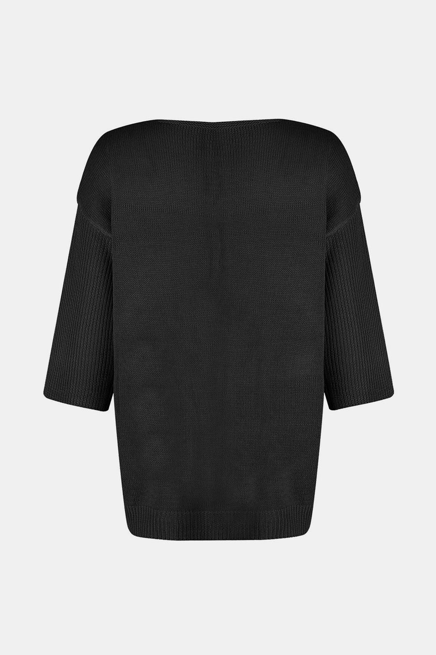 Black V-neck knit sweater with flared 3/4 sleeves and ribbed cuffs.