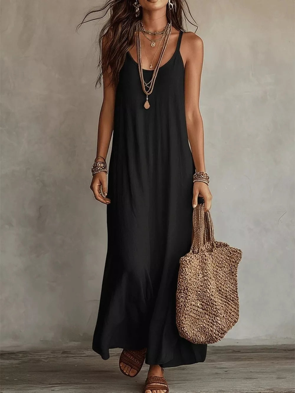bohemian maxi dress in White with scoop neck