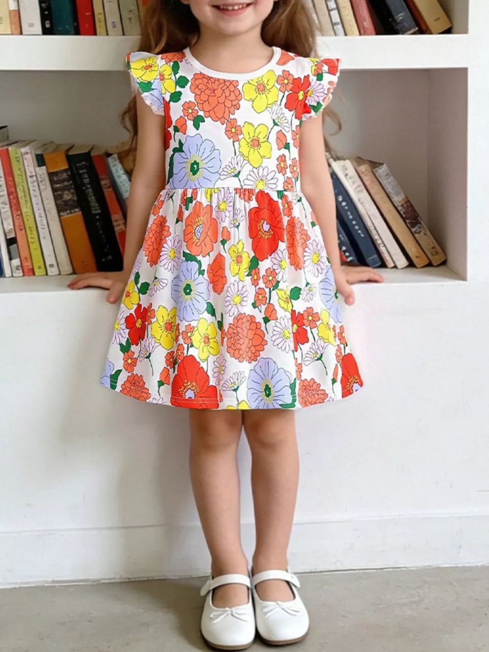 Toddler cotton dress with playful floral print, ruffle sleeves, and a flared skirt.