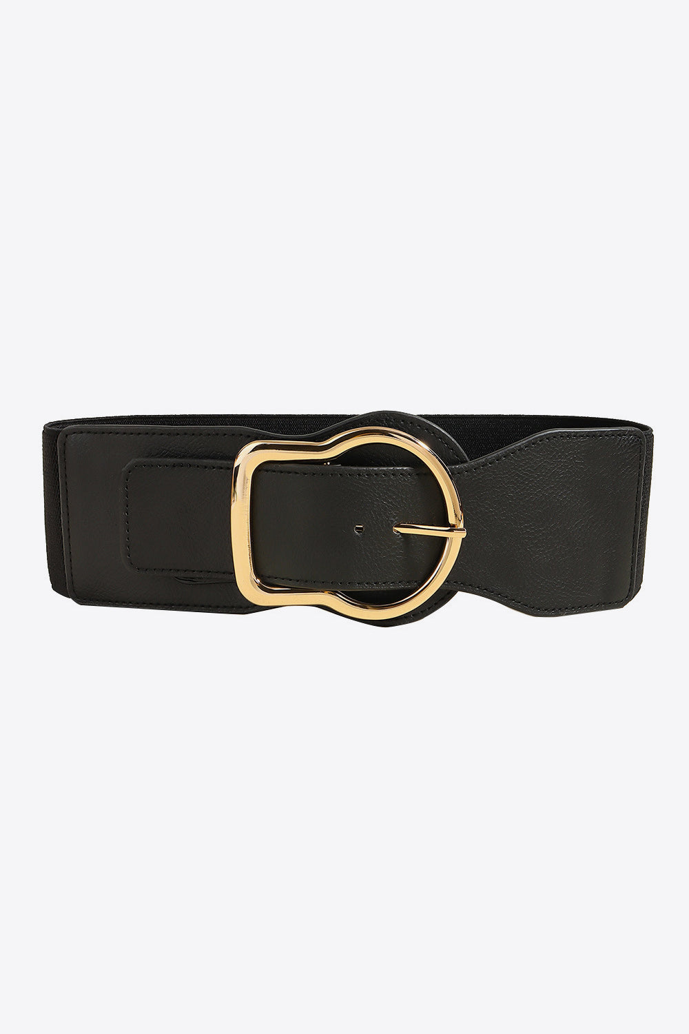 Black elastic waist belt with sculpted gold buckle detail