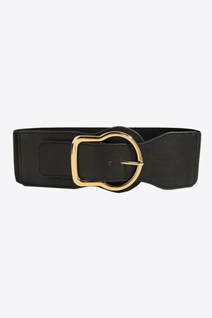 Black elastic waist belt with sculpted gold buckle detail