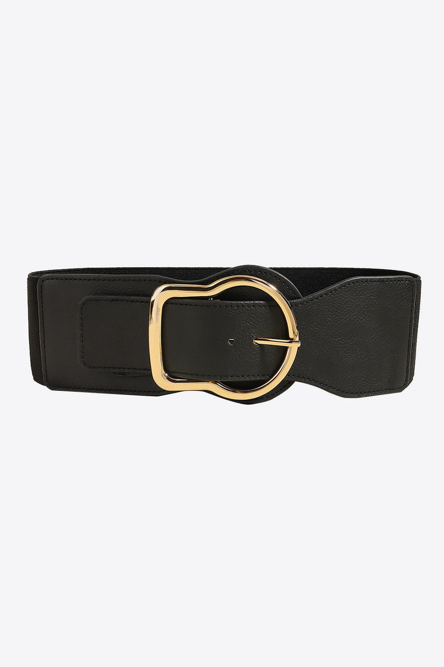 Black elastic waist belt with sculpted gold buckle detail