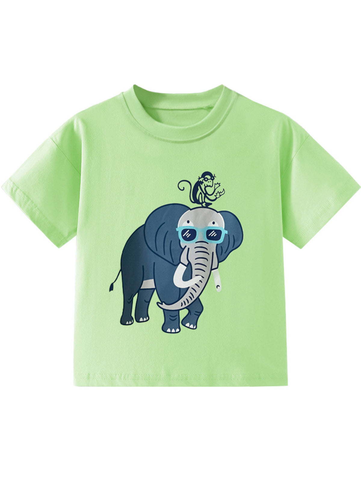 Light green t-shirt with a cool elephant and monkey graphic, crew neck, short sleeves.