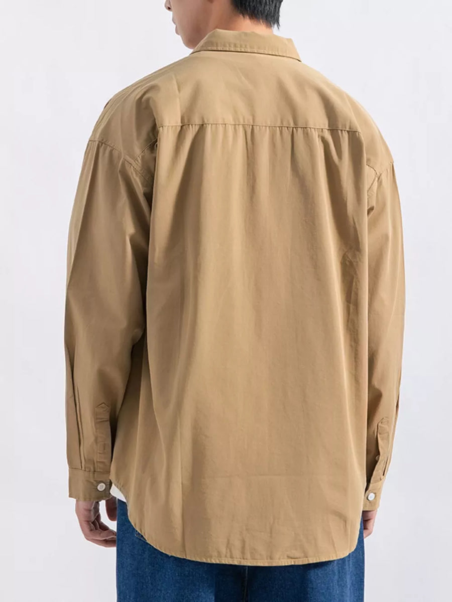 Men's camel long sleeve button-up shirt with a relaxed fit.