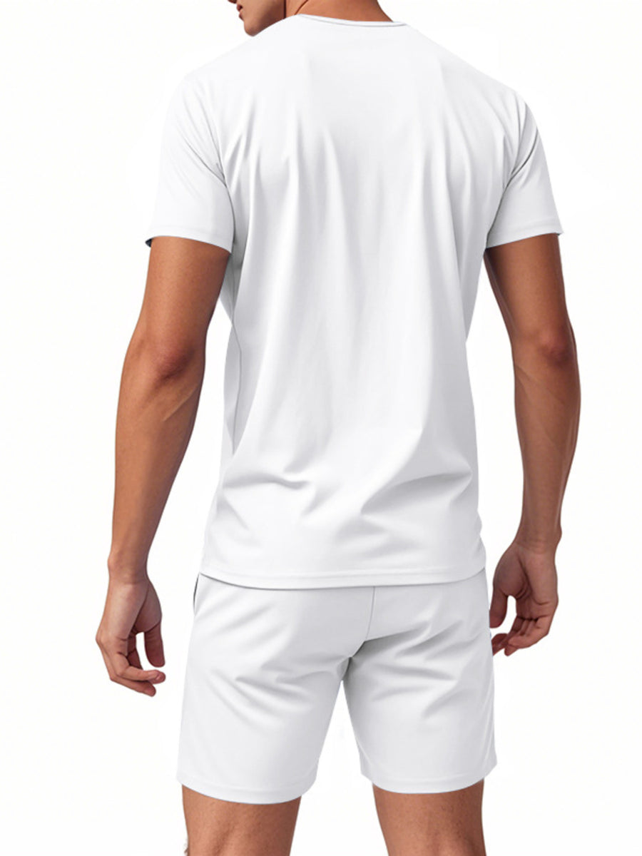 White v-neck tee and shorts set for men, comfortable loungewear with drawstring shorts.
