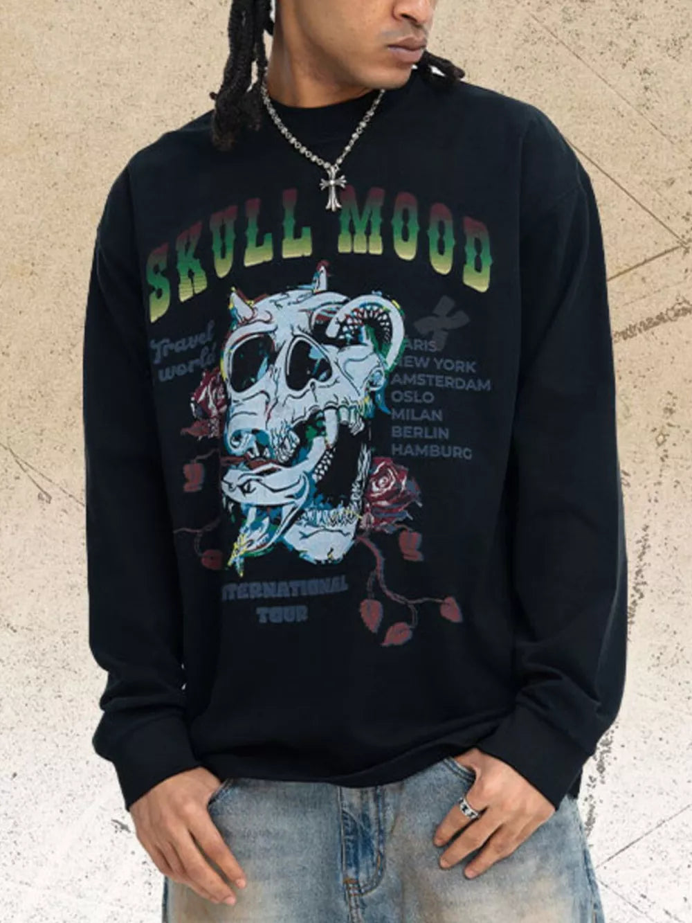 Black long sleeve t-shirt with skull and snake graphic and "Skull Mood" text