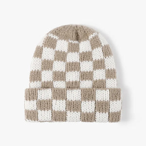 Checkerboard knit beanie in Khaki and White with a cuffed brim.