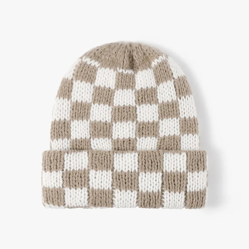 Checkerboard knit beanie in Khaki and White with a cuffed brim.