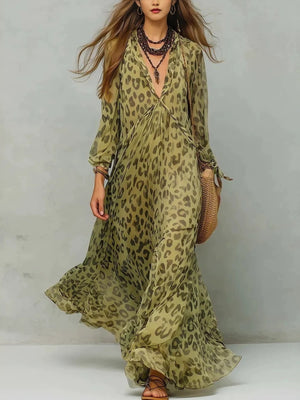 olive green maxi dress with leopard-print and deep v-neck