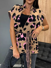 tan cardigan with leopard-print and open-front