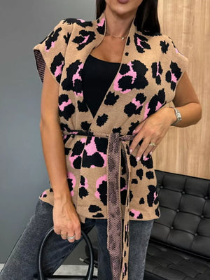 tan cardigan with leopard-print and open-front