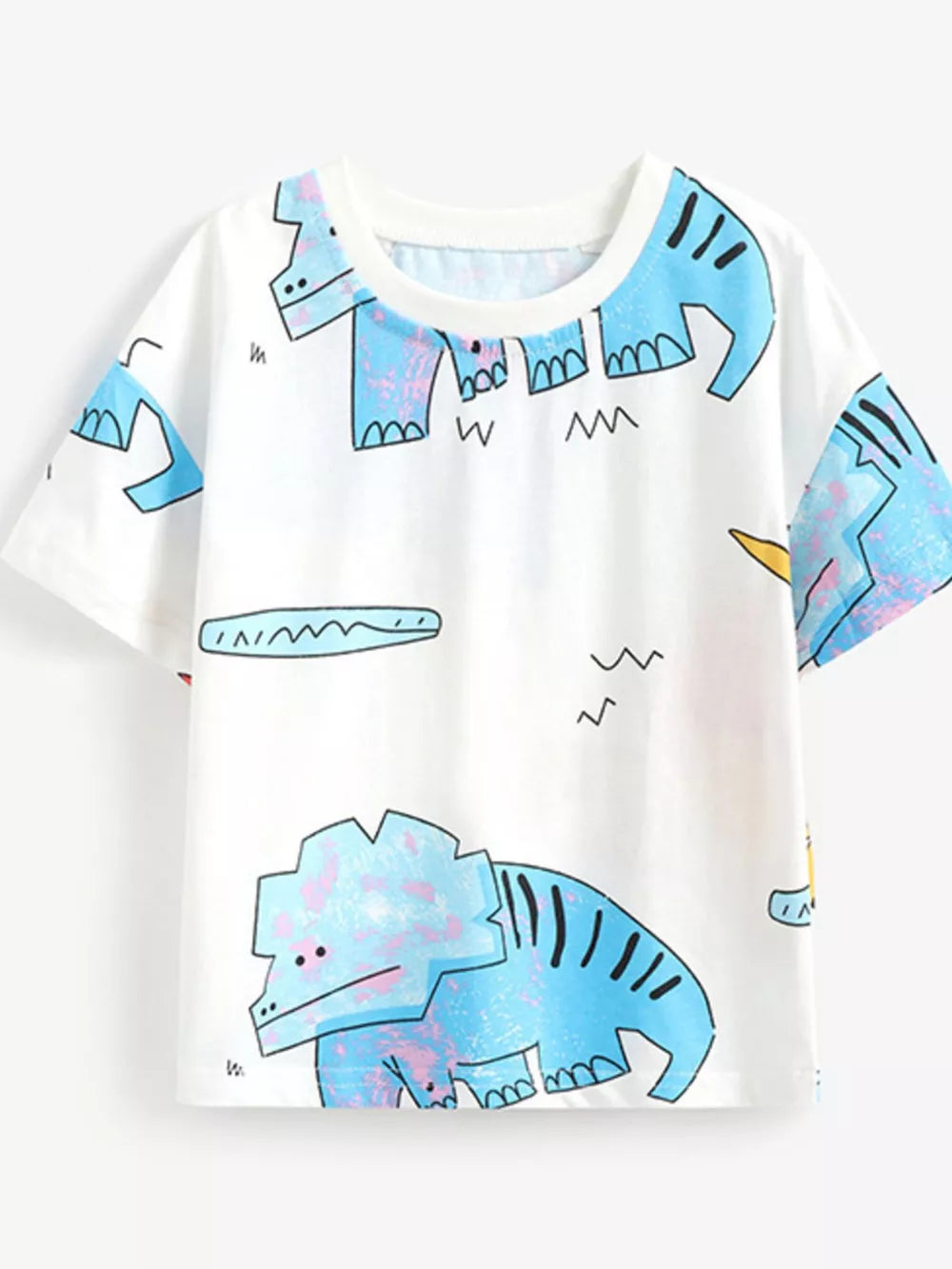 White cotton t-shirt with blue dinosaur print and round neck for kids