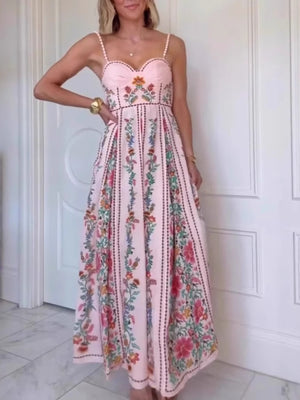 Pink sweetheart neck a-line maxi dress with floral print and spaghetti straps