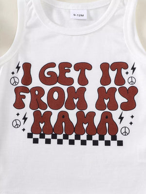 White graphic tank top with brown retro text and peace signs.