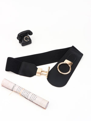 Black elastic belt with gold buckle and ring hardware
