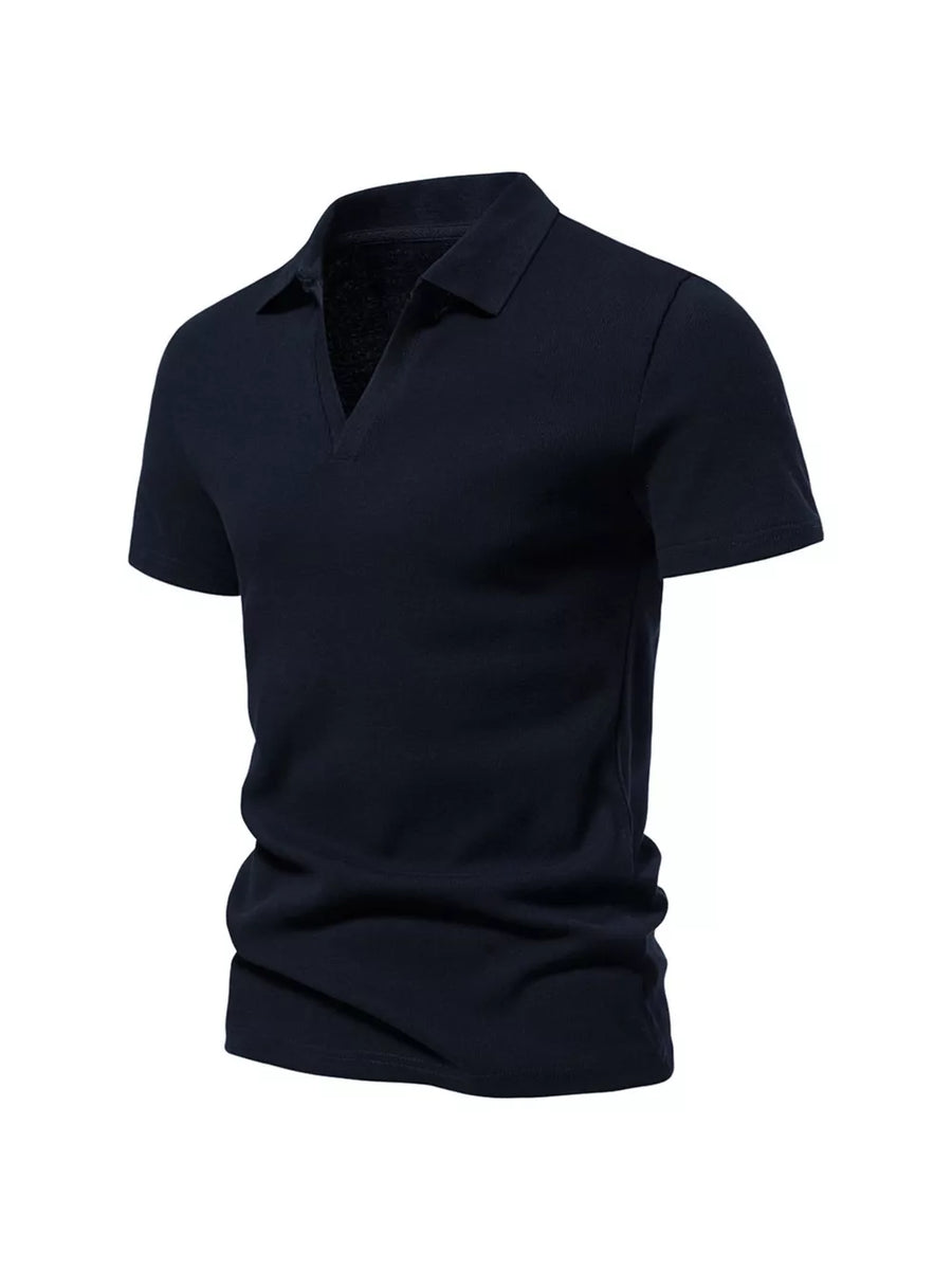 Men's dark navy blue casual polo shirt with notched collar and short sleeves.