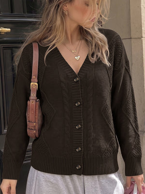 Coffee Brown cardigan with hip-length and button-front