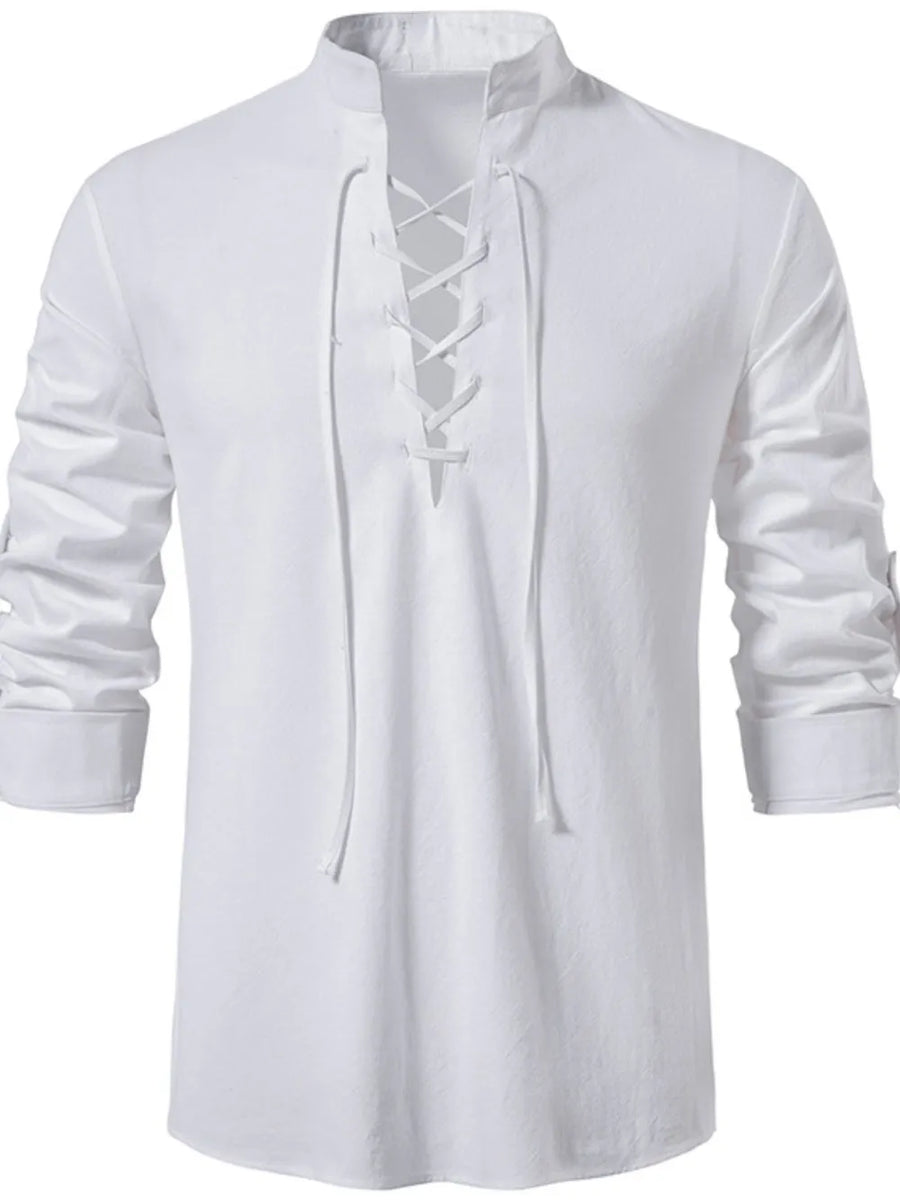 White linen henley shirt with lace-up collar and long sleeves