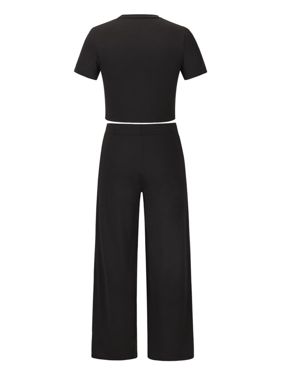 Black pleated waist crop top and wide leg pants set