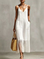 maxi dress in ivory featuring pocketed and loose fit