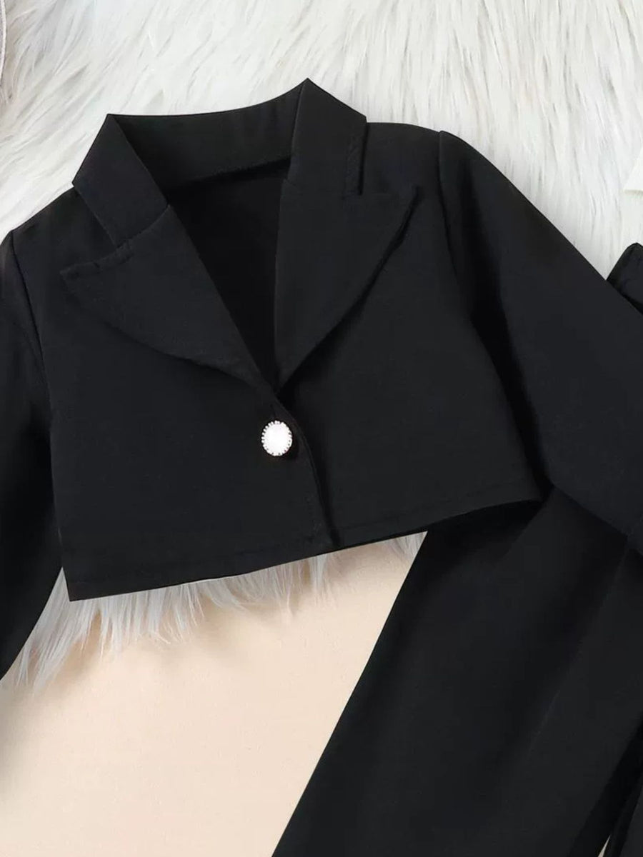 Toddler black cropped blazer with pearl button and matching pants