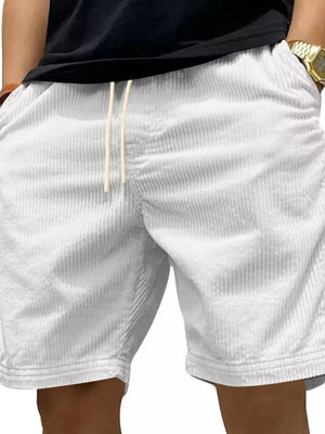 White corduroy drawstring chino shorts with adjustable waist.