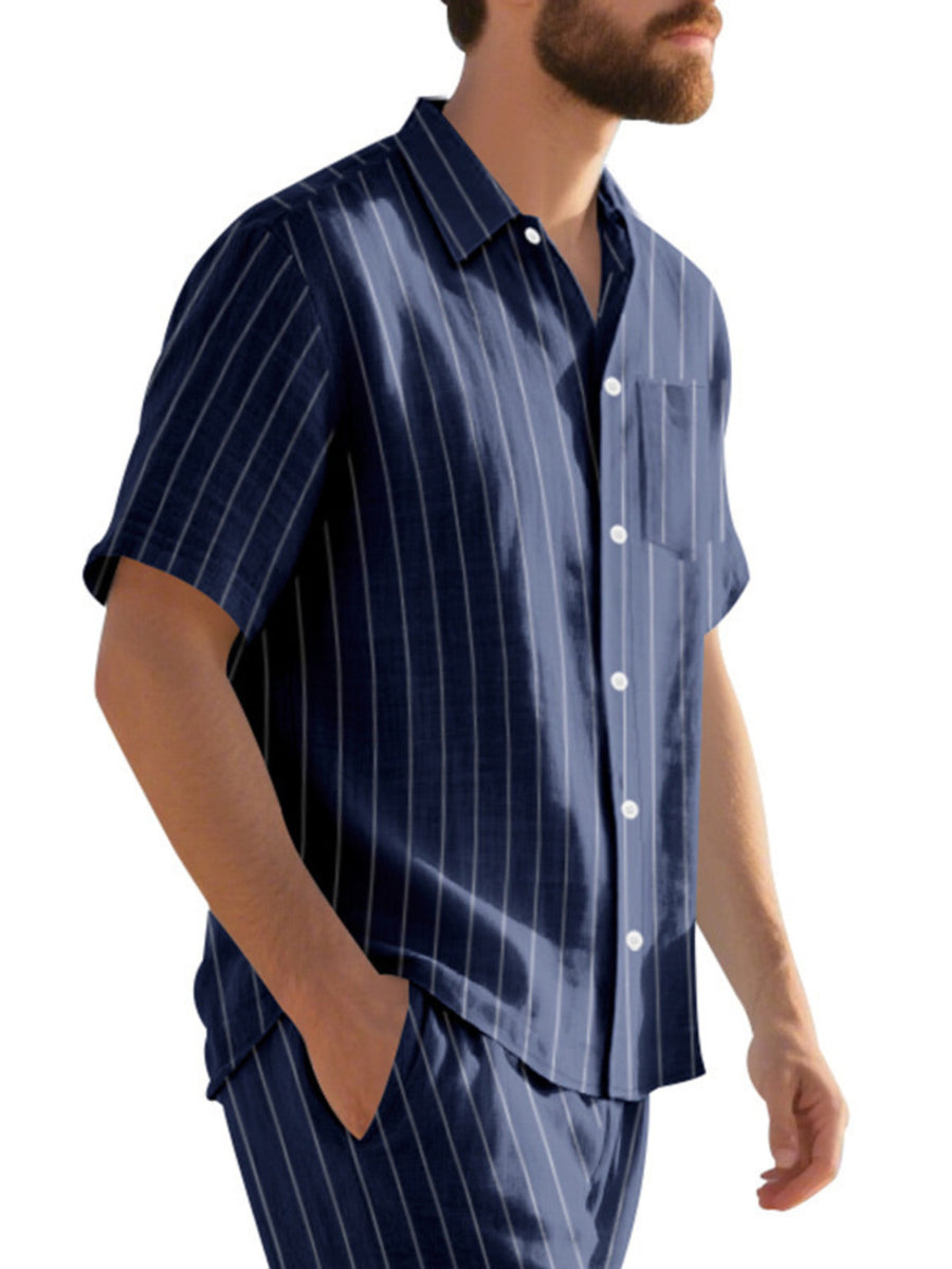 Navy blue striped cotton camp collar shirt with button-down front and chest pocket.