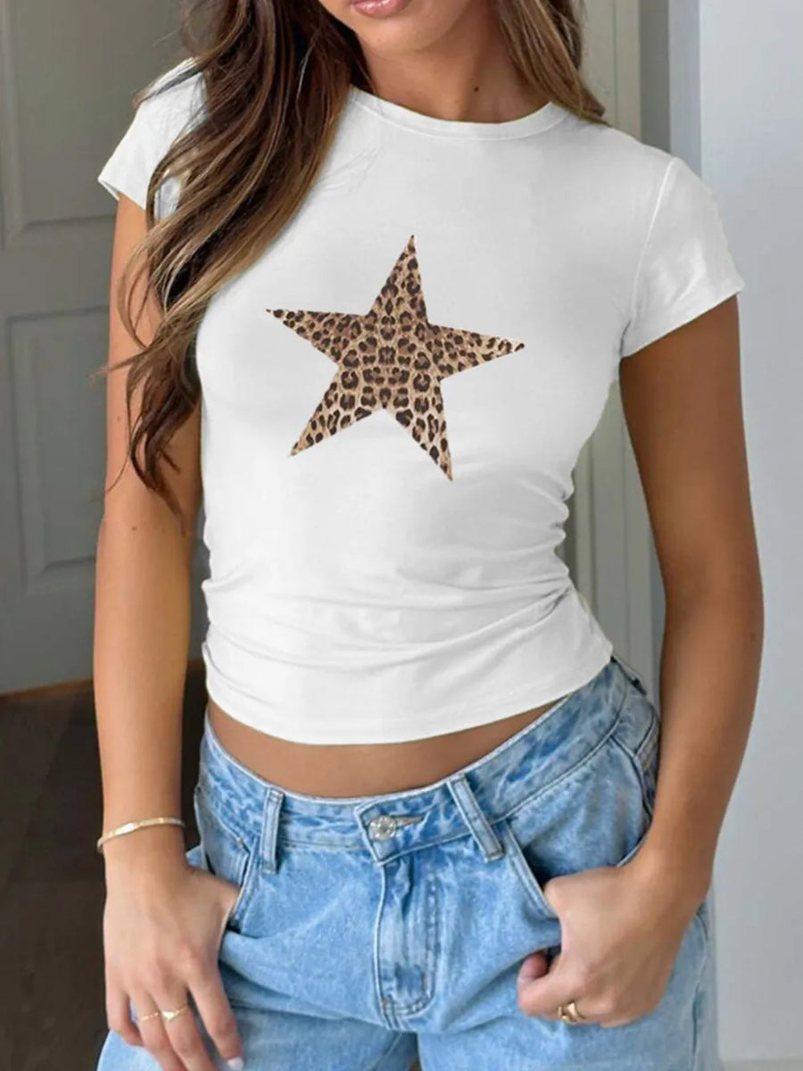 White fitted tee with a leopard print star graphic.
