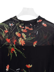 Black floral mesh maxi dress with mock neck and sheer sleeves.
