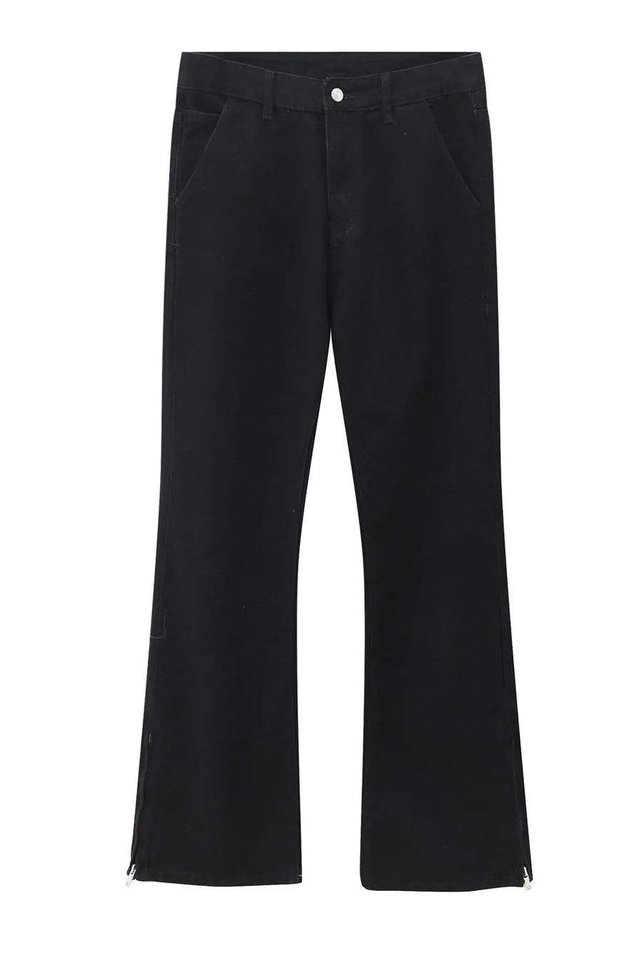 Flared hem denim trousers in dark cotton with zippered ankles.