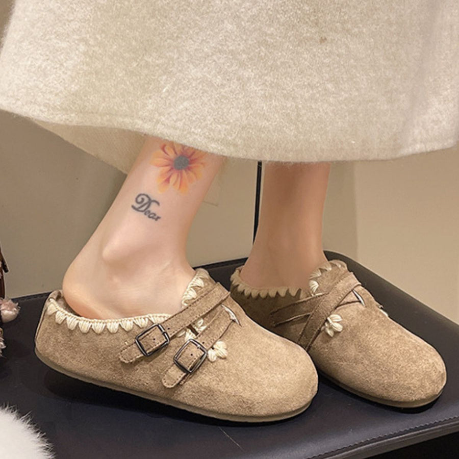 Decorative Buckle Slip-On Flats in Dark Brown with fluff lining
