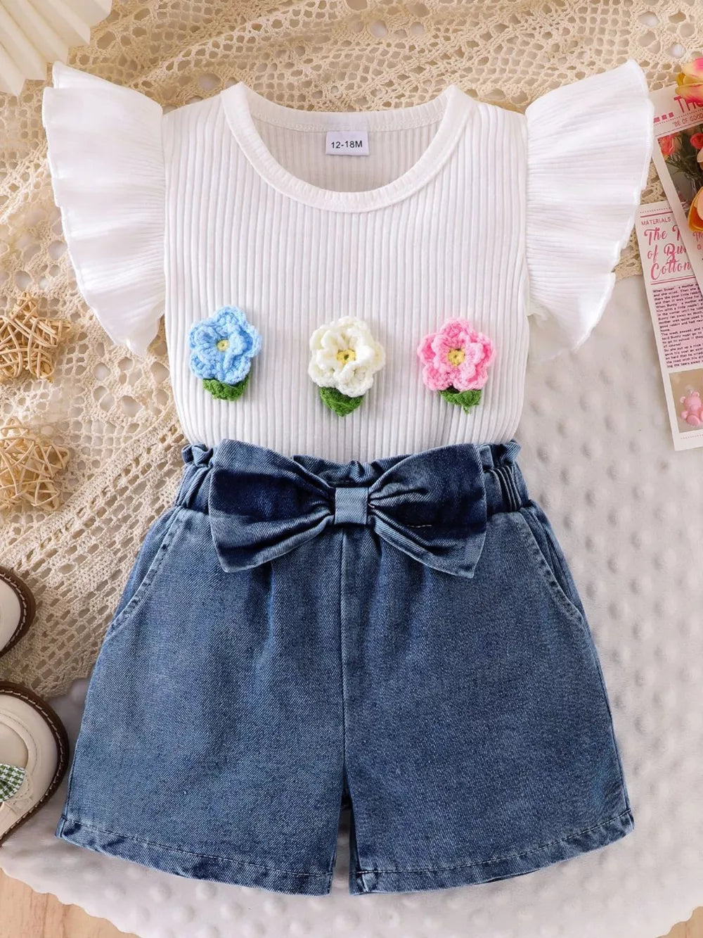 Children's Ruffled Flower Top And Denim Shorts Set in White