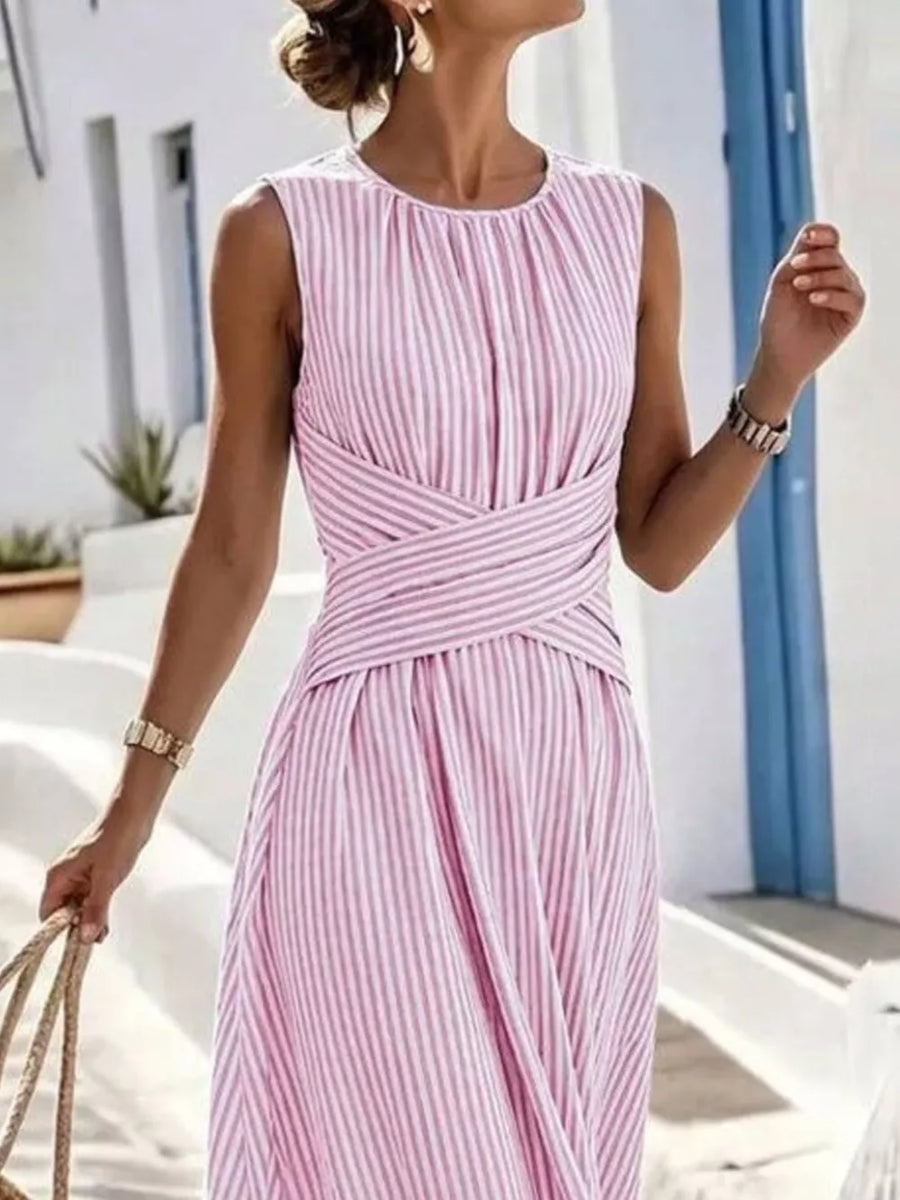 Full Size Striped Sleeveless Maxi Dress in Khaki