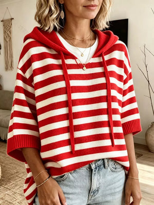 Red Full Size Drawstring Striped Hooded Sweater