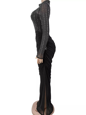 glam maxi dress in black with mock neck