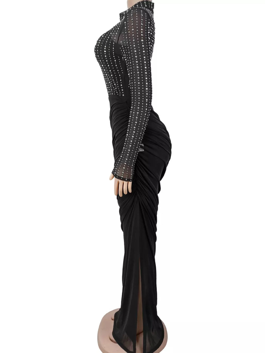 glam maxi dress in black with mock neck