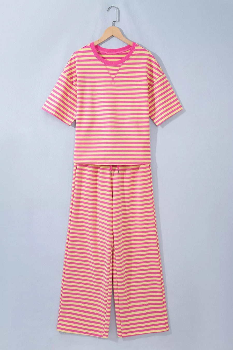 Stripe Colorblock Crew Neck Loose Tee & Pant Set in Sage with drawstring
