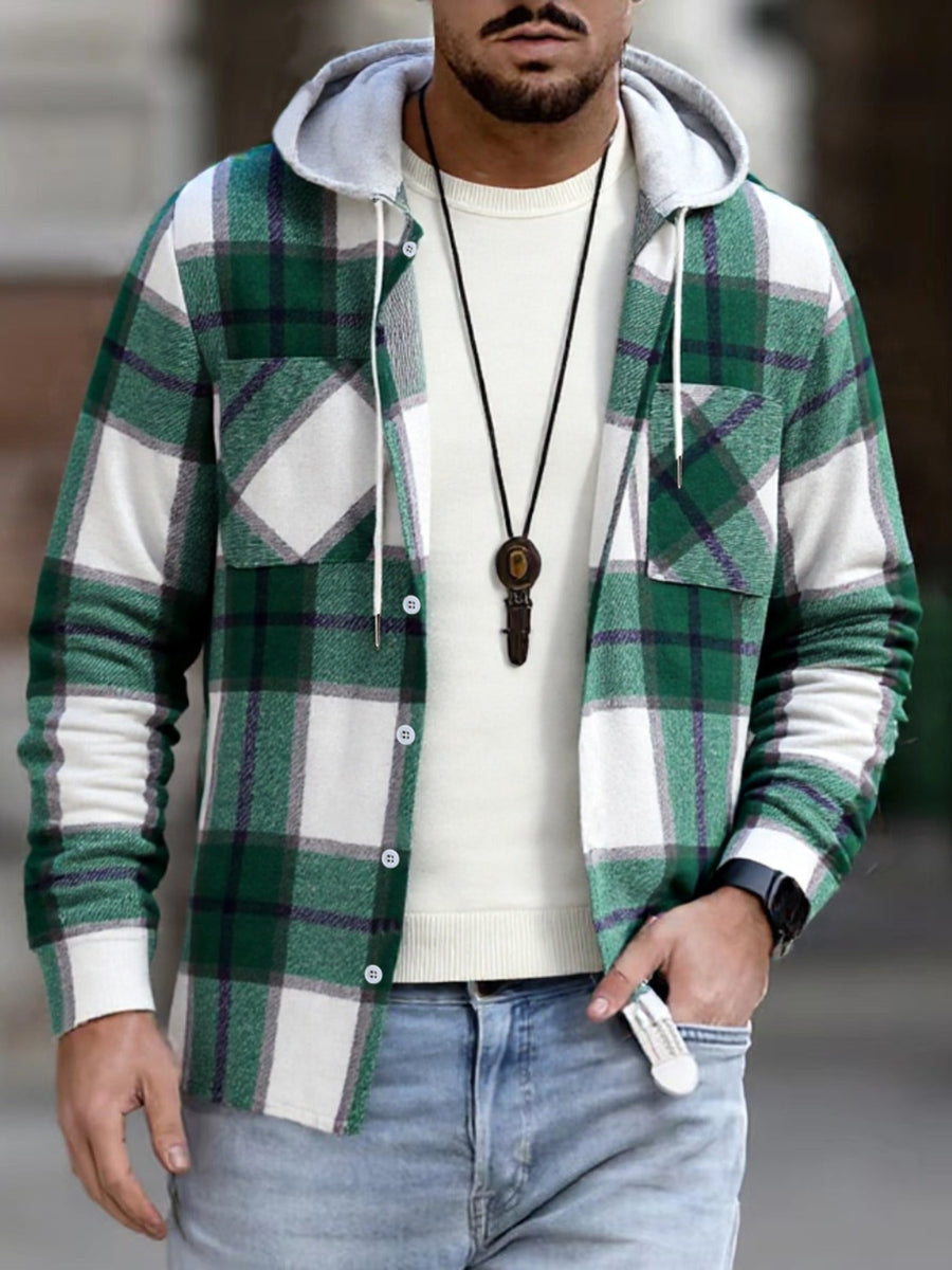 cream shacket featuring hooded and plaid