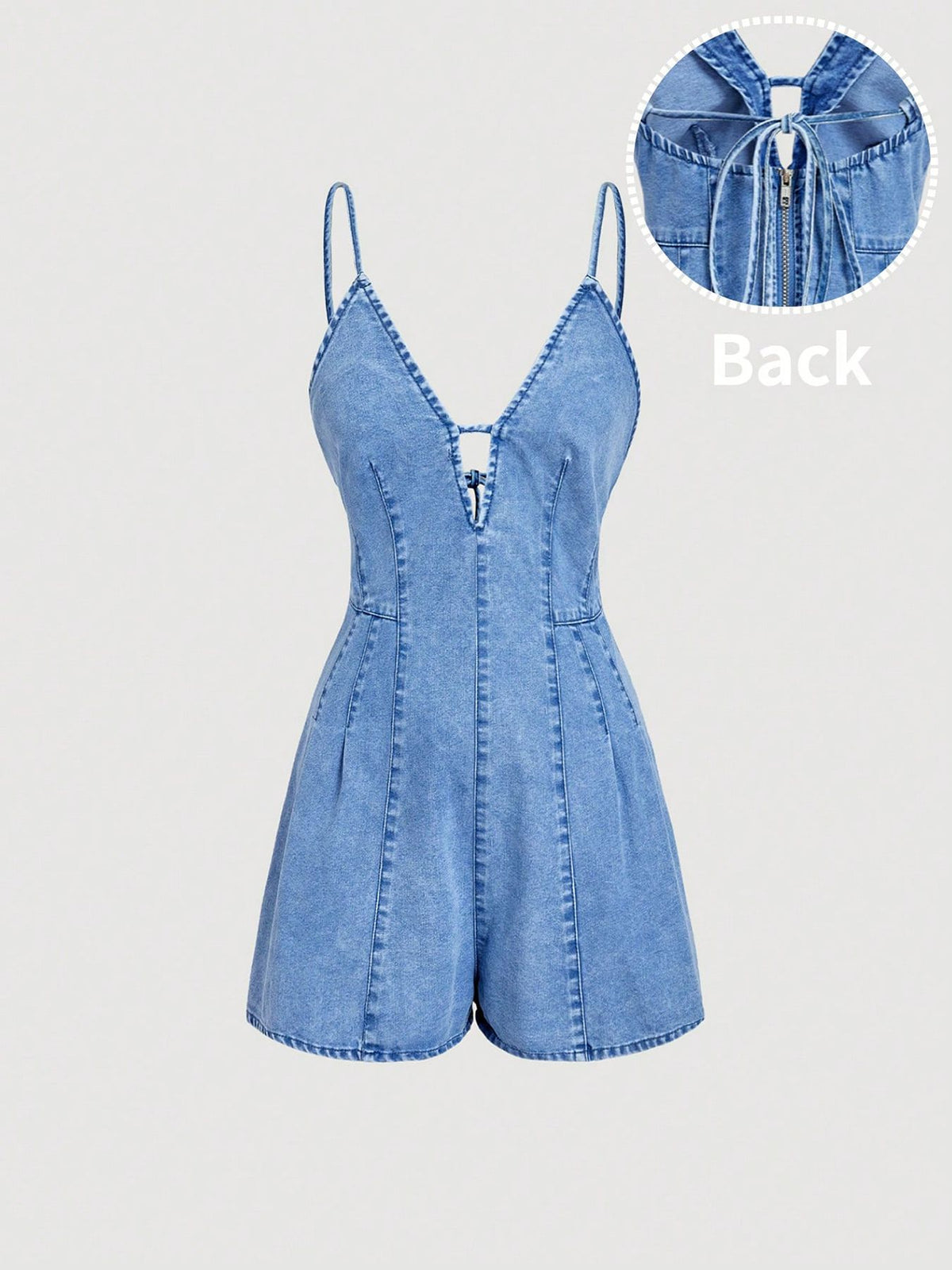 romper in light wash denim blue featuring tied and fitted fit