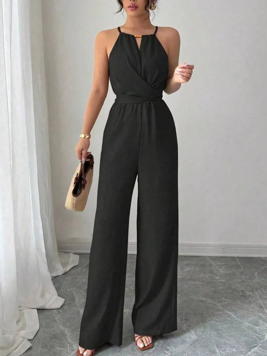 Khaki Color jumpsuit with full-length and tie, zipper