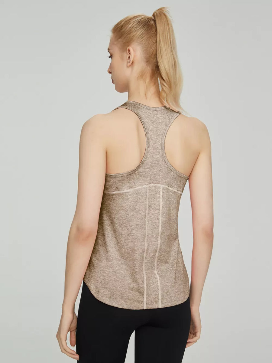 Tan heather racerback tank top with contrast stitching details.