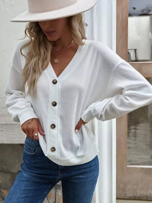 Blue Casual V-neck Waffle Long Sleeve Top