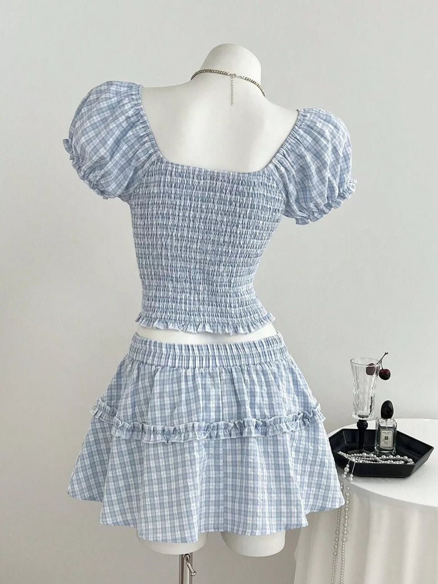 Plaid Puff Sleeve Blouse And Skirt Set option 4