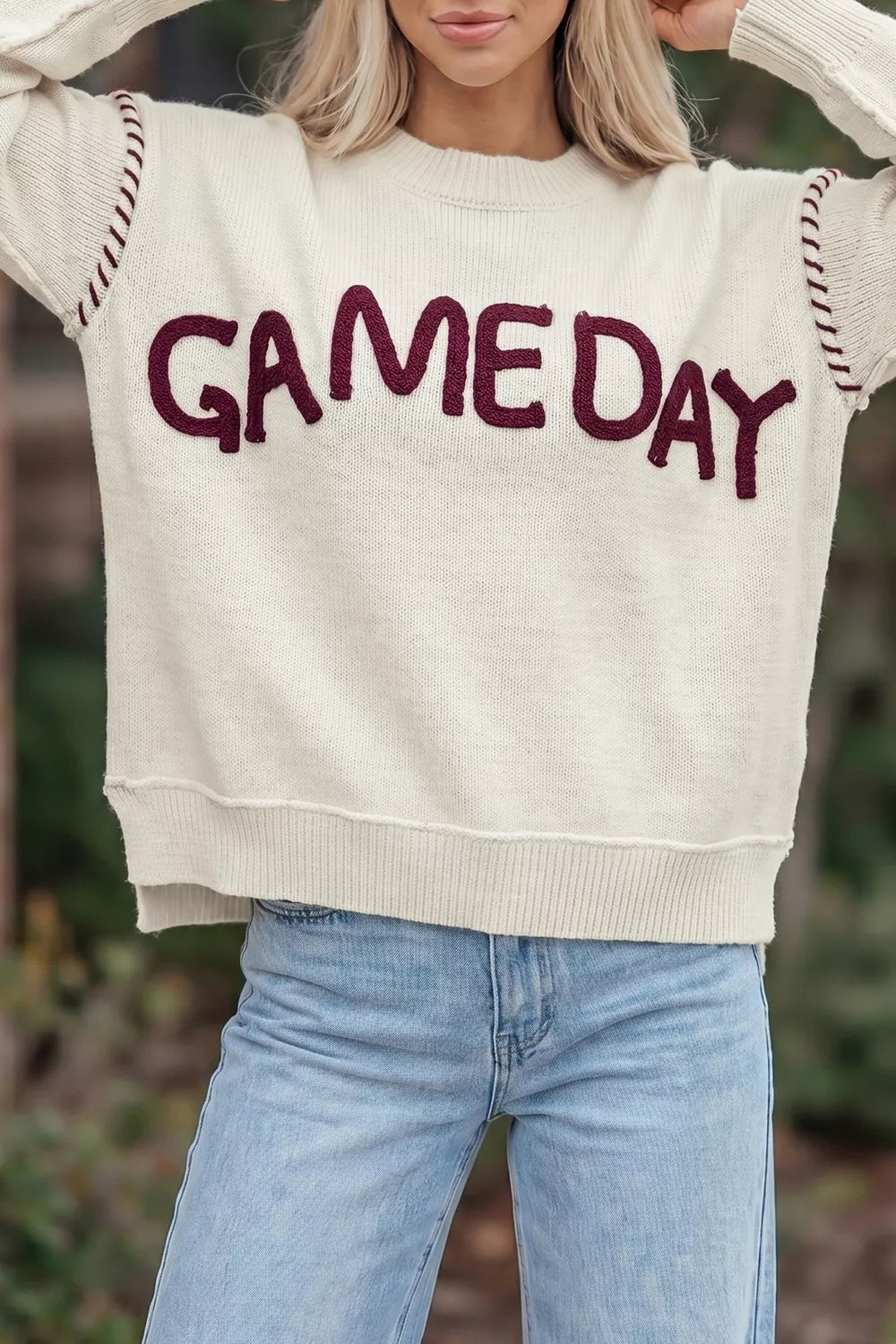 White Drop Shoulder Game Day Letter Sweater