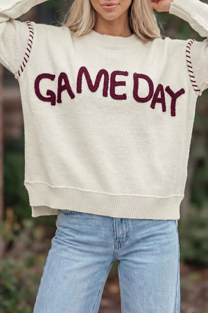White Drop Shoulder Game Day Letter Sweater