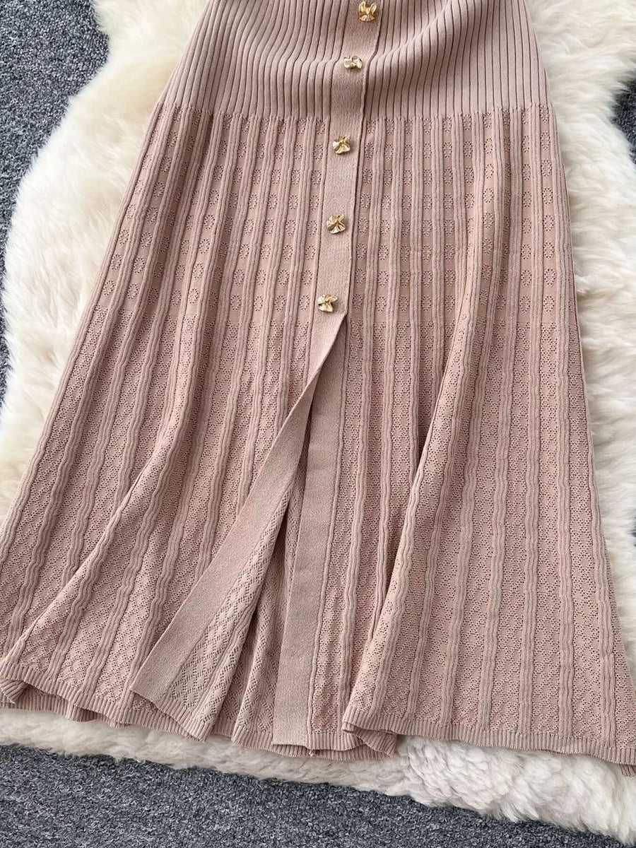 Apricot knit midi dress with button front and textured pattern