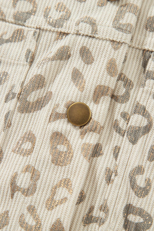 Leopard Print Corduroy Shirt Collar Jacket in Khaki with buttoned