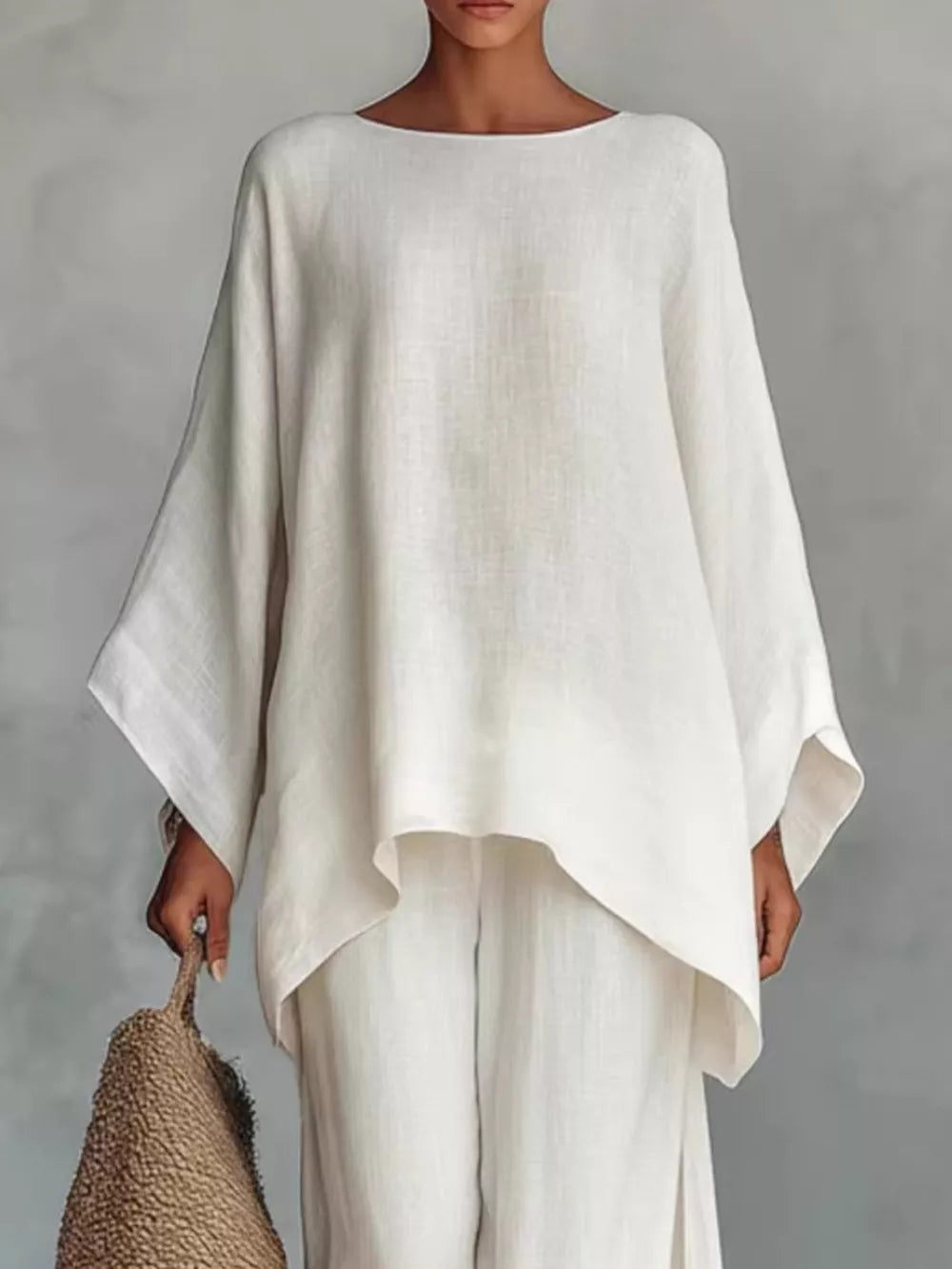 White Full Size Round Neck Top And Wide Leg Pants Set