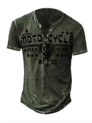 Men's olive green buttoned henley t-shirt with motorcycle graphic print